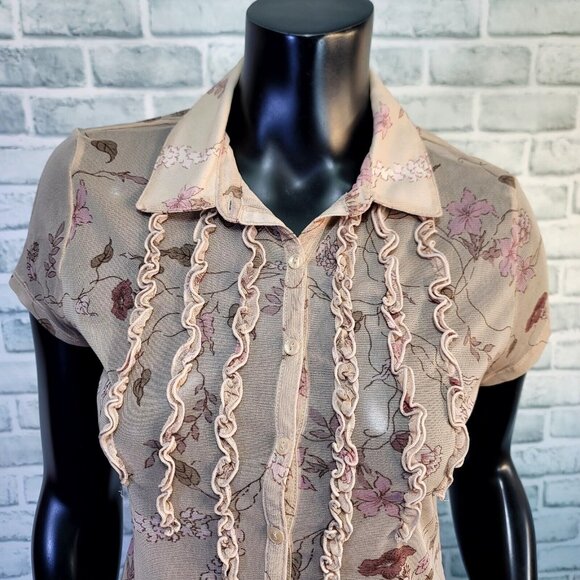 Vintage 90s Y2K The Limited Sheer Tan Pink Floral Ruffle Pintucked Button Front - Picture 2 of 9